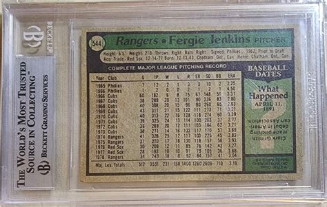 1979 Topps 544 Fergie Jenkins On Card Auto Beckett BGS Certified