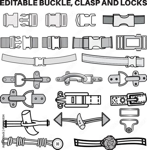 Quick Release buckles and clasps flat sketch vector illustration set, different types bag ...