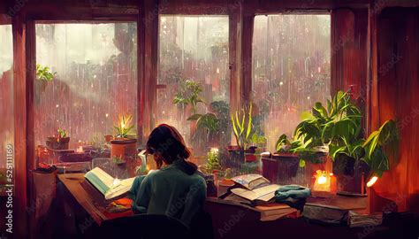 Lofi Girl studying at her desk. Rain ourside, beautiful chill ...