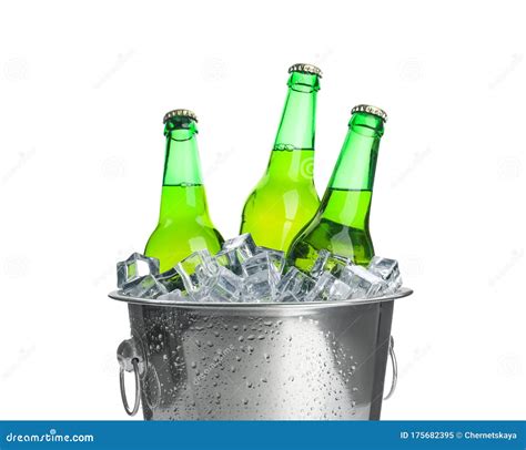 Metal Bucket With Bottles Of Beer And Ice Cubes Isolated Stock Image