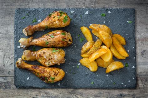 Roast Chicken Drumsticks And Chips Stock Image Image Of Horizontal