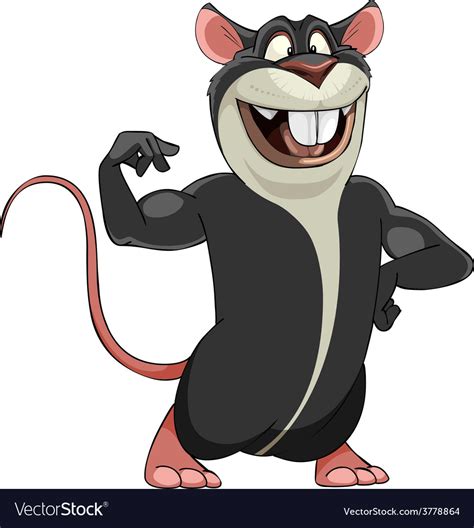 Cartoon smiling big gray rat in a bodybuilder pose