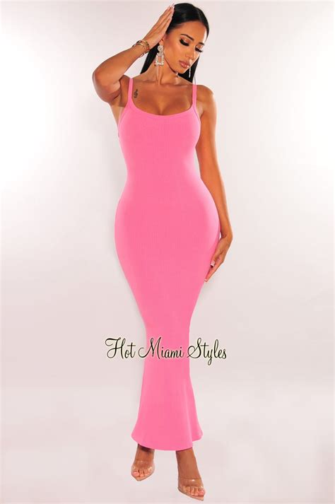 Pink Ribbed Spaghetti Straps Flare Mermaid Maxi Dress Hot Miami Styles