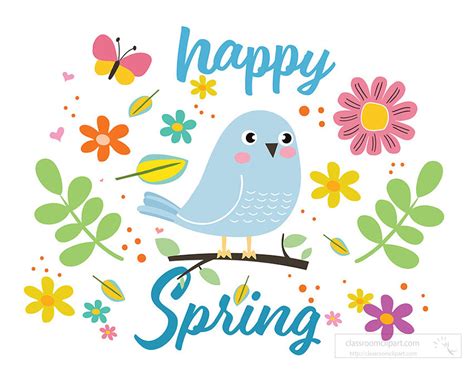 Spring Clip Art Happy Spring Text With Flowers And Cute Bird