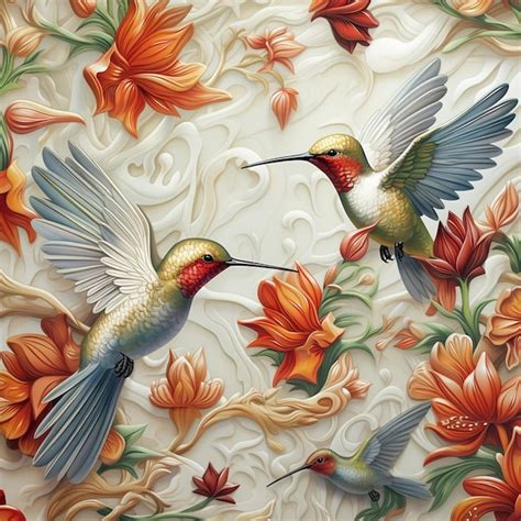 Premium Photo A Painting Of Two Hummingbirds With Orange Flowers On