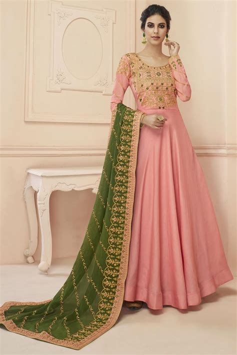 Buy Sangeet Wear Art Silk Embroidered Long Length Anarkali Suit In Pink