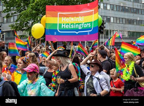 Rainbow flag banner with Helsinki City logo at Helsinki Pride 2023 ...