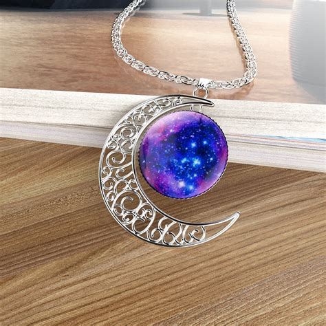 Luvalti Galaxy And Crescent Cosmic Moon Pendant Necklace Purple Glass