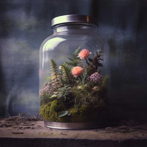 Premium AI Image | A glass jar terrarium filled with many flowering plants