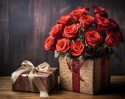 Premium AI Image A Box Of Red Roses With A Gift Box On A Wooden Table