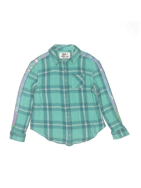 Justice 100 Viscose Plaid Teal Long Sleeve Button Down Shirt Size 14