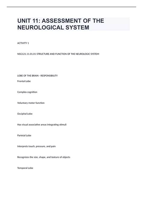 UNIT 11 ASSESSMENT OF THE NEUROLOGICAL SYSTEM NSG 121 Herzing