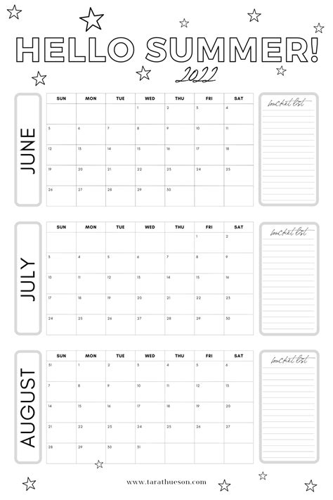 2022 Summer Calendar Free Printable Tara Thueson