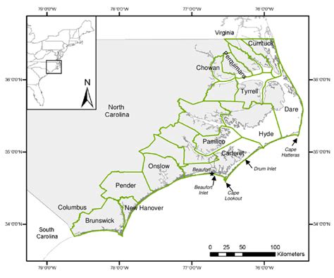 Counties and areas (italics) of coastal North Carolina. | Download ...