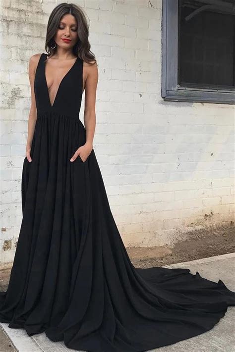 Simple Deep V Neck Black Backless Prom Dress With Pockets Formal Dress