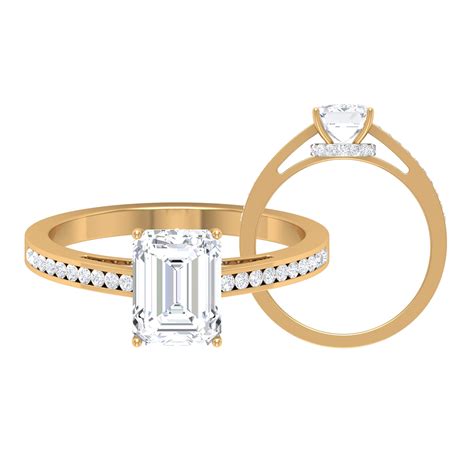 Emerald Cut Moissanite Solitaire Engagement Ring With Hidden Halo 6x8