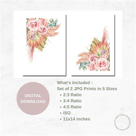 Pink Watercolor Floral Bouquet Printable Wall Art Boho Floral Bouquet