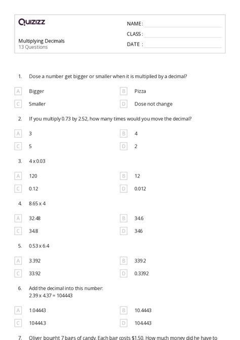 50 Multiplying Decimals Worksheets For 7th Grade On Quizizz Free