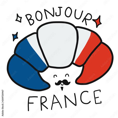 Bonjour (mean good morning in English) France word and croissant cartoon vector illustration ...