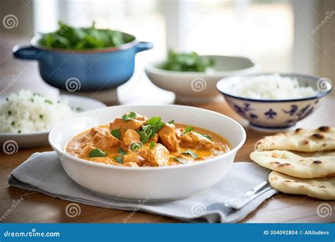 Bowl of Butter Chicken with Naan Bread Stock Photo - Image of food ...