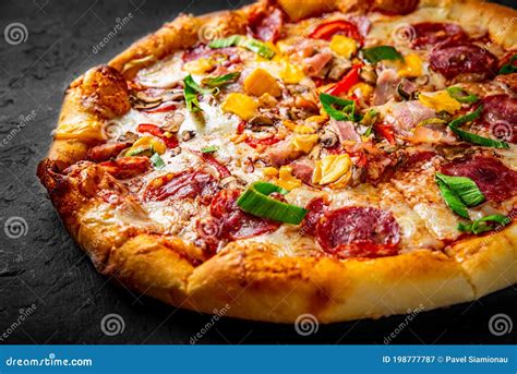 Pizza With Mozzarella Cheese Salami Chicken Meat Beef Ham Tomato