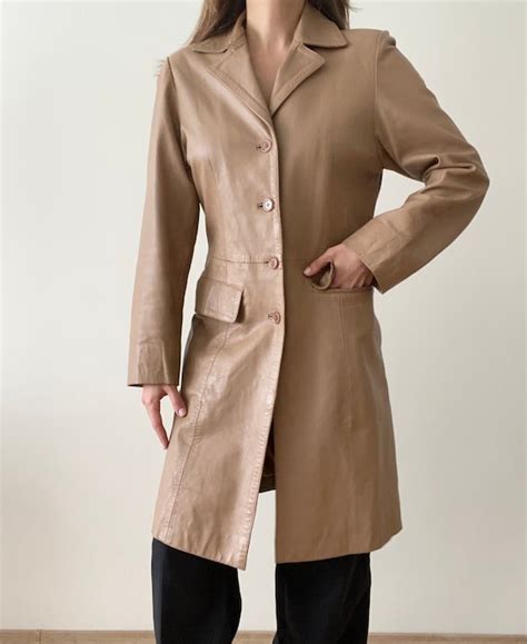Vintage Nude Leather Jacket Long Y2K Leather Jacket Gem