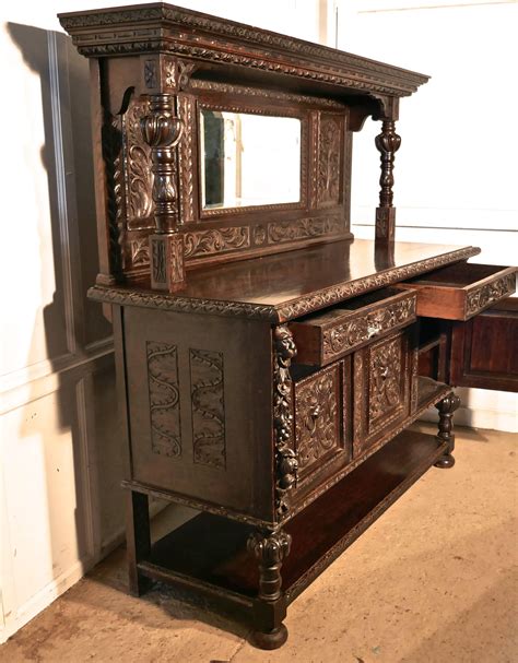 Th Century Carved Oak Mirror Back Dresser With Tree Of Life Green