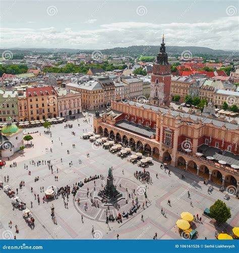 Aerial View On The Central Square And Sukiennice In Krakow Stock Photo