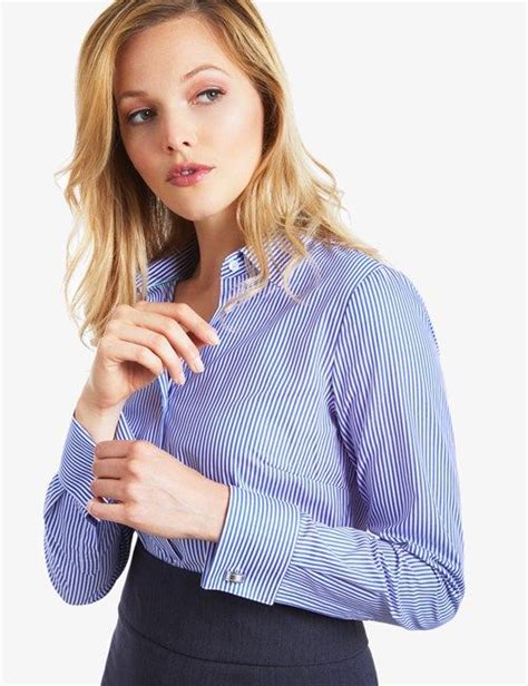 Womens Executive Navy And White Bengal Stripe Fitted Shirt Double Cuff