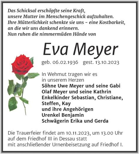 Traueranzeigen Von Eva Meyer Abschied Nehmen De