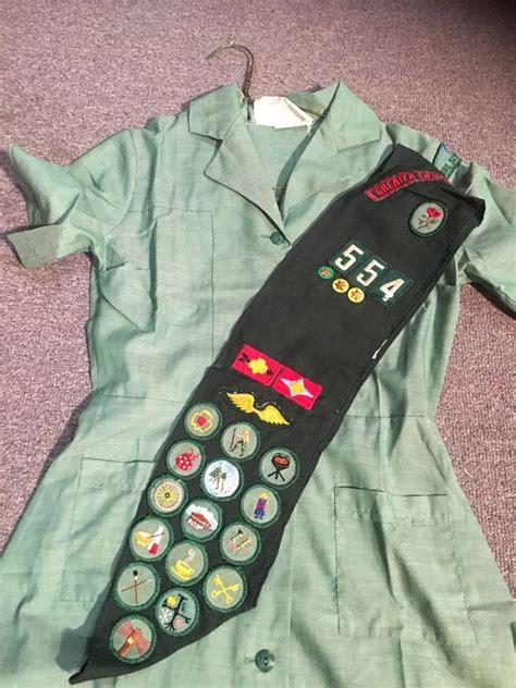 Vintage Girl Scout Uniform With Sash Patches And Pins Attached Girl