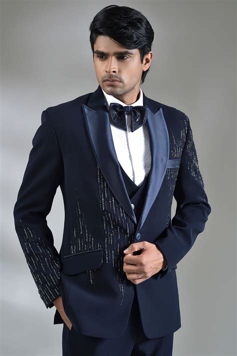 Buy Midnight Blue Cutdana Embroidered Italian Tuxedo Suit Online