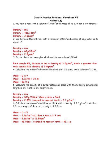 Density Practice Problems Worksheet Answer Key Study Notes