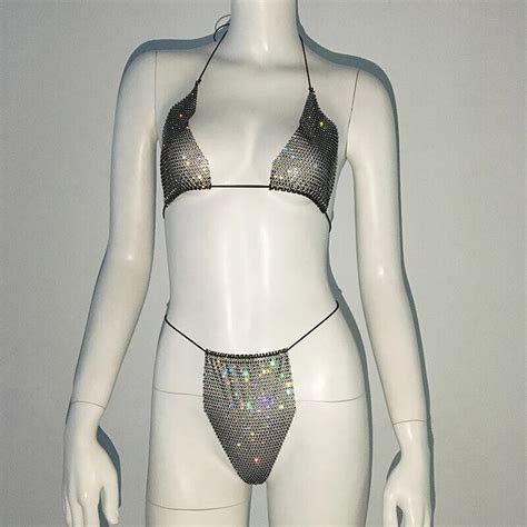 Fishnet Glitter Rhinestone Bikini Set Women Mesh Beach Sexy Thong Rave Party Ebay