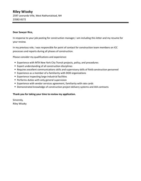 Construction Manager Cover Letter Velvet Jobs