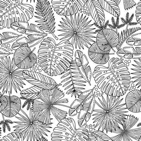 Vector Seamless Pattern With Hand Drawn Tropical Leaves On White Color