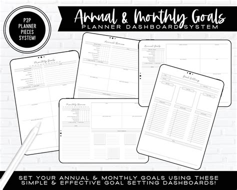 Annual And Monthly Goal Setting Dashboards P2p Planner Pieces System