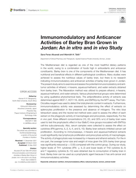 PDF Immunomodulatory And Anticancer Activities Of Barley Bran Grown