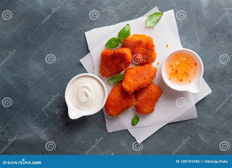 Fried Crispy Chicken Nuggets With Sauces Stock Photo Image Of Lunch