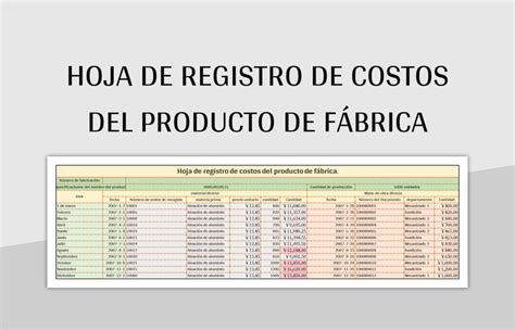 Plantilla de Excel Hoja De Registro De Costos Del Producto De Fábrica y