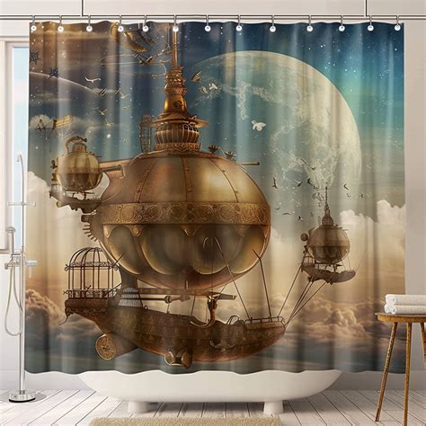 Fantasy Airship Adventure Shower Curtain Vintage Steampunk Decor With