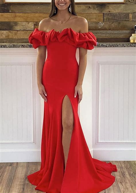 Sheath Column Off The Shoulder Sleeveless Sweep Train Satin Prom Dress