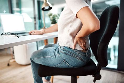 Back Pain Stress And Business Woman At Desk With Burnout Muscle Ache