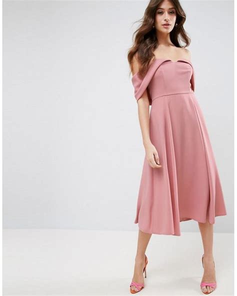 Lyst Asos Bardot Fold Over Midi Prom Dress In Pink