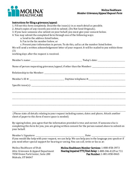 Fillable Online Molina Healthcare Member Grievance Appeal Request Form