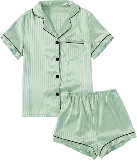 Lyaner Womens Striped Silky Satin Pajamas Short Sleeve Top With Shorts