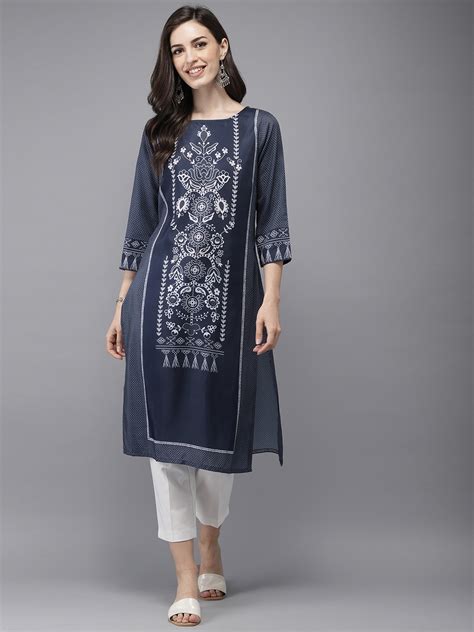 Buy Anouk Women Navy Blue And Grey Printed Straight Kurta Kurtas For