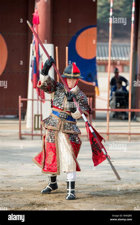 Korean Soldier With Traditional Joseon Dynasty During Show Martial Arts