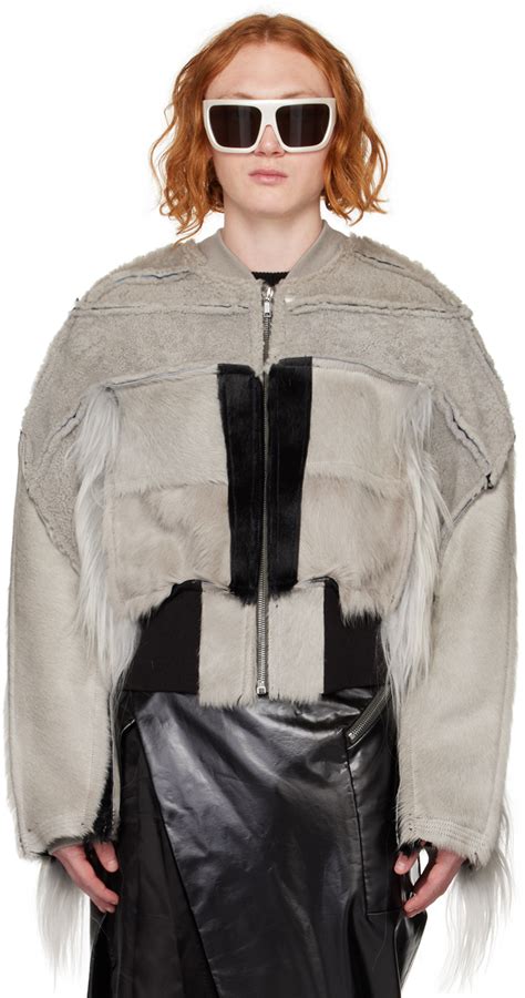 Rick Owens Blouson Aviateur Collage Blanc Cass En Peau Retourn E