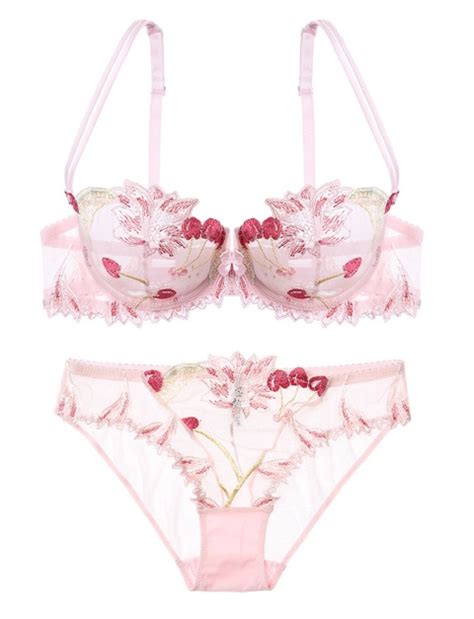 Sexy Lingerie Ultra Thin Transparent Mesh Embroidery Lace Lingerie Transparent Bra Set Bra And